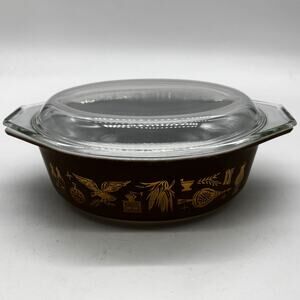 Vtg Pyrex Casserole Dish Mid Century American Harvest Brown Oval 1.5qt Glass Lid